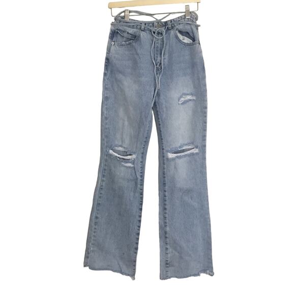 OH POLLY Jeans Light Wash Wide Leg String Waste Detail Sz 4 Cotton - Picture 1 of 9